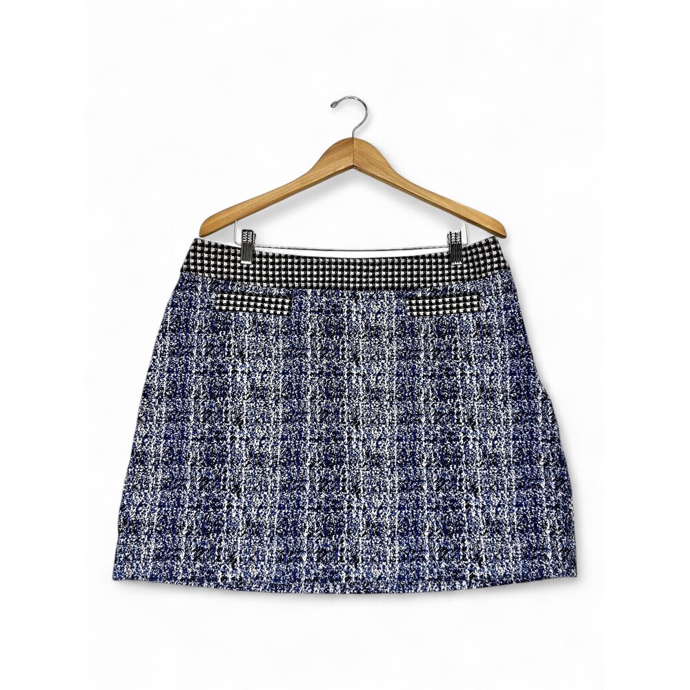 Cabi Plus 16 Tweed Pencil Skirt Blue Black Houndstooth Trim